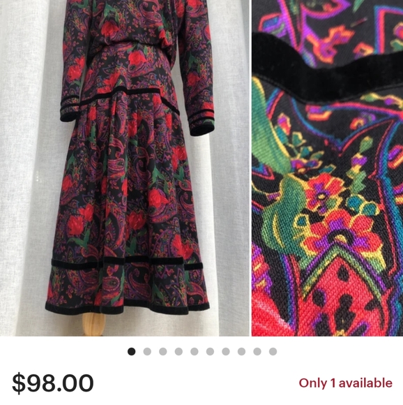 Richard Warren Vintage 100% Wool Floral Dress 10 - Picture 8 of 11